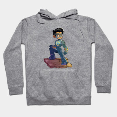 Gray hoodie with cartoon superhero design, cotton blend, casual wear, unisex style, front pocket, adjustable hood.