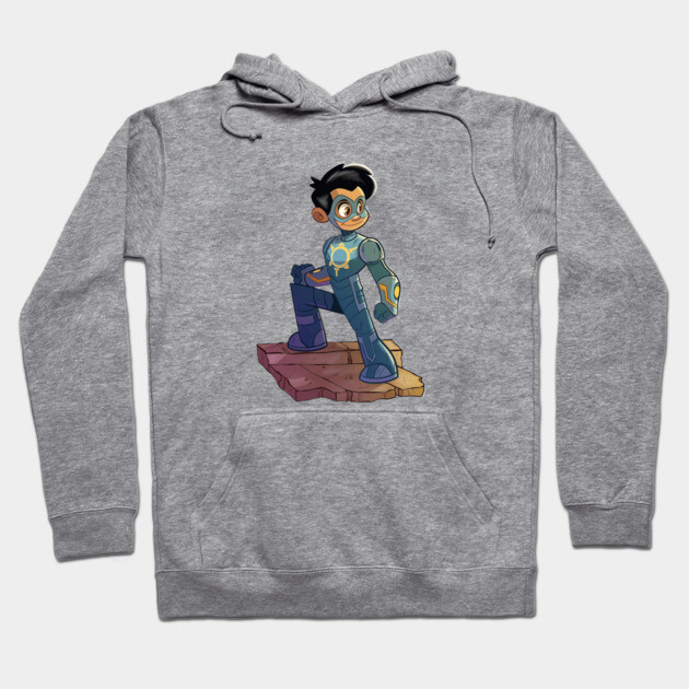 Gray hoodie with cartoon superhero design, cotton blend, casual wear, unisex style, front pocket, adjustable hood.
