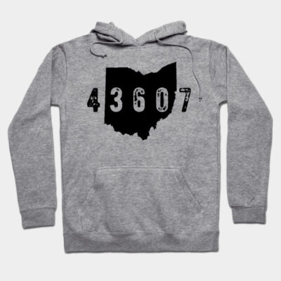 Gray hoodie with Ohio map design and zip code 43607 print. Casual style, soft fabric, ideal for everyday wear.