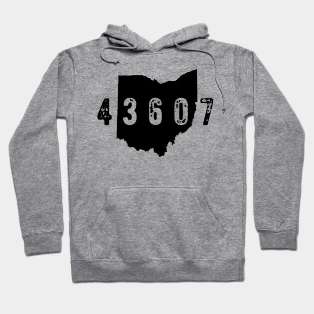 Gray hoodie with Ohio map design and zip code 43607 print. Casual style, soft fabric, ideal for everyday wear.