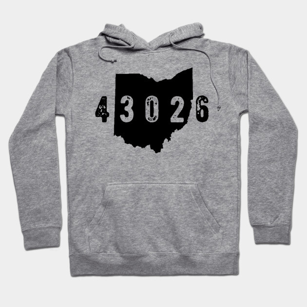 Gray Ohio zip code hoodie, features front pocket and drawstring, casual wear, cotton blend, stylish and comfortable.