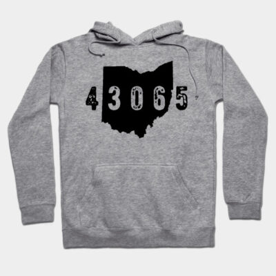 Gray hoodie with Ohio map and 43065 print, casual style, cotton blend, suitable for everyday wear.