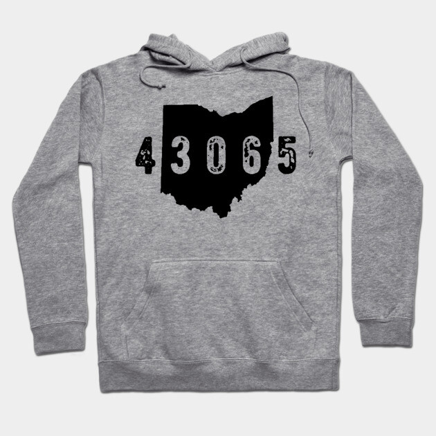 Gray hoodie with Ohio map and 43065 print, casual style, cotton blend, suitable for everyday wear.