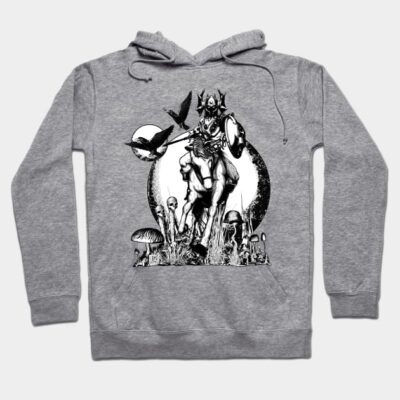 Gray hoodie with artistic warrior design, featuring black and white graphics, perfect for casual wear and style.