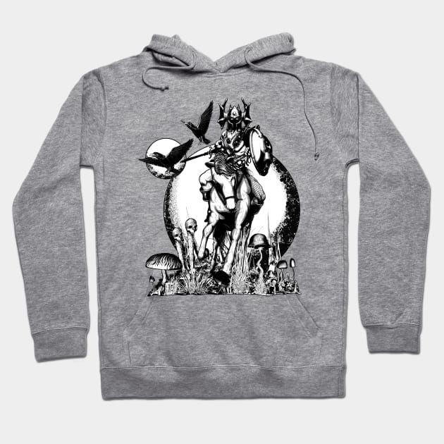 Gray hoodie with artistic warrior design, featuring black and white graphics, perfect for casual wear and style.