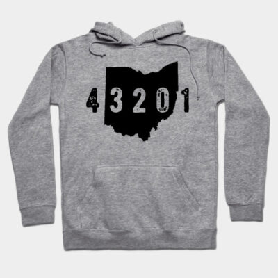 Gray hoodie with Ohio map and "43201" design, cozy cotton blend, casual wear, unisex style, front pouch pocket.