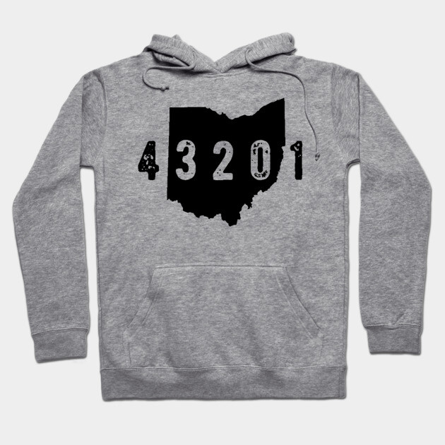 Gray hoodie with Ohio map and "43201" design, cozy cotton blend, casual wear, unisex style, front pouch pocket.