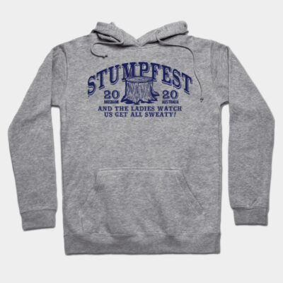 Gray "Stumpfest 2020" hoodie with blue print, cotton material, casual style, suitable for cool weather comfort.