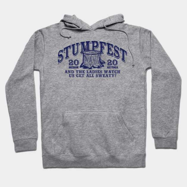Gray "Stumpfest 2020" hoodie with blue print, cotton material, casual style, suitable for cool weather comfort.
