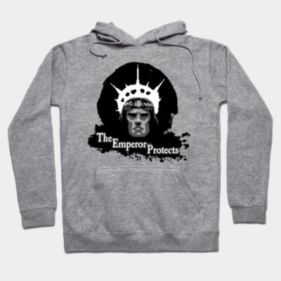 Gray hoodie with "The Emperor Protects" design, featuring a bold graphic. Cozy and stylish for casual wear.