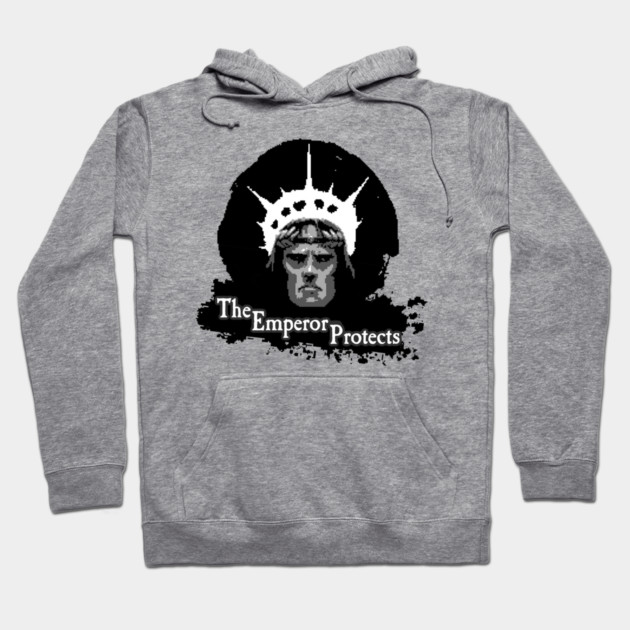 Gray hoodie with "The Emperor Protects" design, featuring a bold graphic. Cozy and stylish for casual wear.