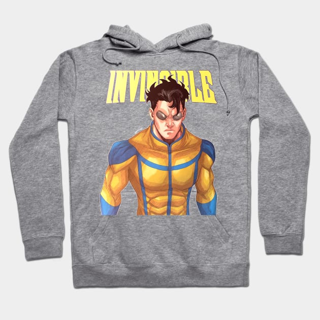 Gray hoodie with bold graphic design featuring a superhero in yellow and blue costume, ideal for casual wear.