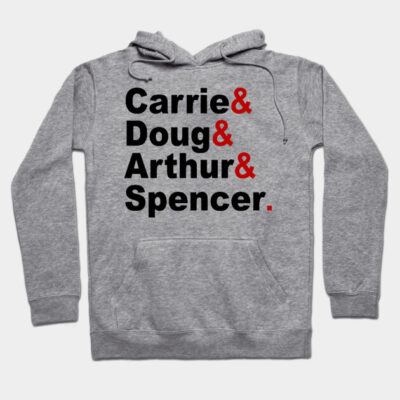 Gray hoodie with bold black and red text design, featuring adjustable drawstrings and front pocket, casual wear.