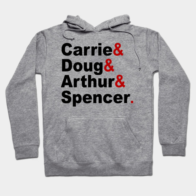 Gray hoodie with bold black and red text design, featuring adjustable drawstrings and front pocket, casual wear.