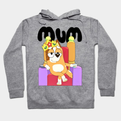 Gray hoodie with cartoon dog design and "mum" text, featuring a crown and throne. Casual wear, cotton blend.