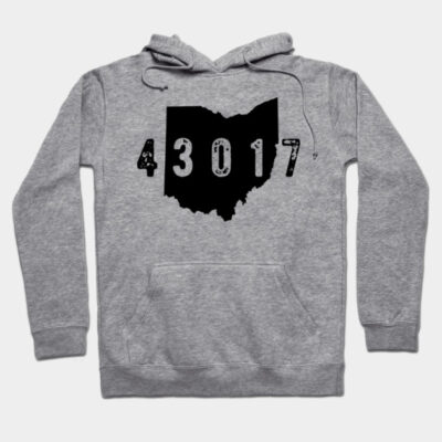 Gray hoodie with Ohio map and "43017" design, made of soft cotton, casual wear, comfortable fit, ideal for everyday use.