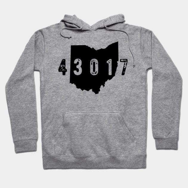 Gray hoodie with Ohio map and "43017" design, made of soft cotton, casual wear, comfortable fit, ideal for everyday use.