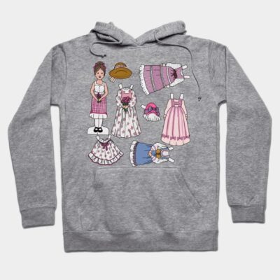 Gray hoodie with vintage paper doll design, featuring various colorful dresses and accessories, casual wear style.
