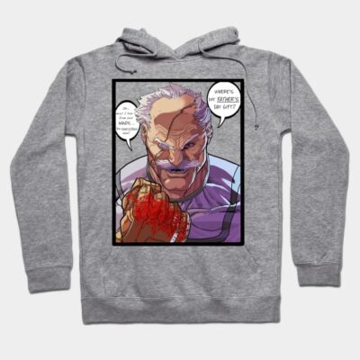 Gray graphic hoodie featuring a comic-style design with text, ideal for casual wear. Comfortable and stylish fabric.