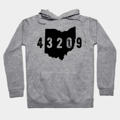 Gray hoodie with black Ohio map and "43209" print, cozy cotton blend, casual wear, unisex style.