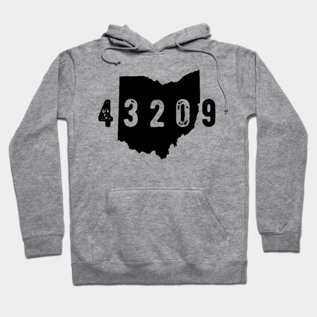Gray hoodie with black Ohio map and "43209" print, cozy cotton blend, casual wear, unisex style.
