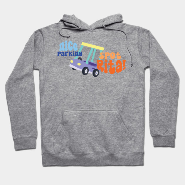 Gray hoodie with colorful "Nice Parking Spot Rita" graphic, casual style, soft fabric, perfect for everyday wear.