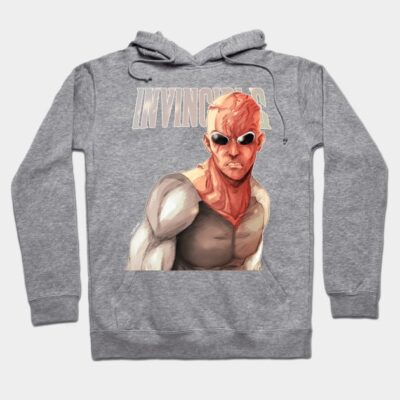 Gray hoodie with bold graphic design, featuring text "Invincible," perfect for casual wear. Cotton blend material.