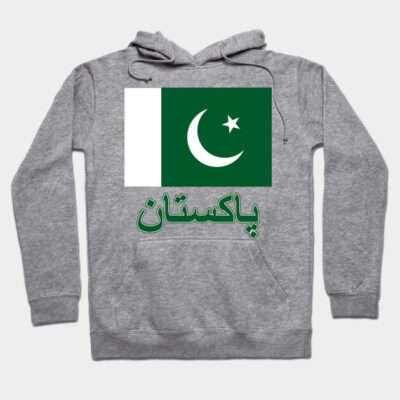 Gray hoodie with Pakistan flag design, featuring crescent and star. Comfortable, casual wear, made from soft material.