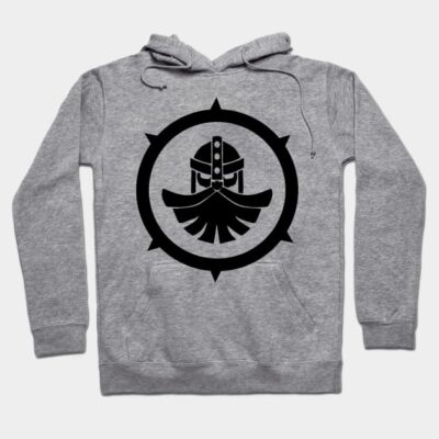 Gray hoodie with black graphic design, featuring adjustable drawstrings and front pocket, perfect for casual wear.