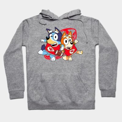Gray hoodie with cartoon dogs playing football, featuring red jerseys and playful design, perfect for casual wear.