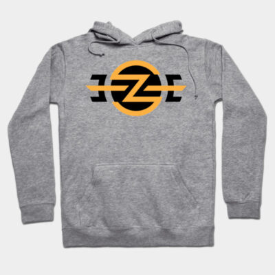 Gray hoodie with bold black and orange graphic, comfortable cotton blend, ideal for casual wear and layering.