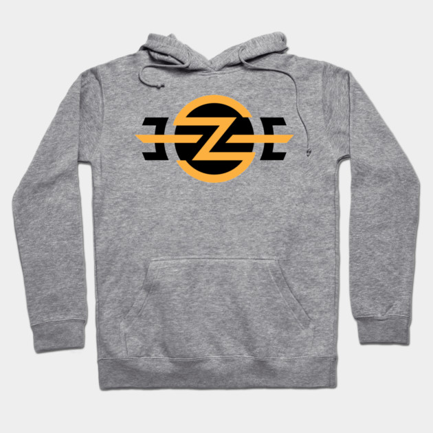 Gray hoodie with bold black and orange graphic, comfortable cotton blend, ideal for casual wear and layering.