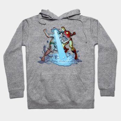 Gray hoodie featuring colorful superhero graphic, cotton blend, casual style, ideal for everyday wear and comfort.
