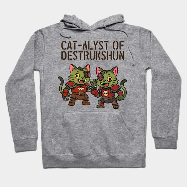 Gray hoodie with cartoon cat design and "Cat-alyst of Destrukshun" text, perfect for casual wear.