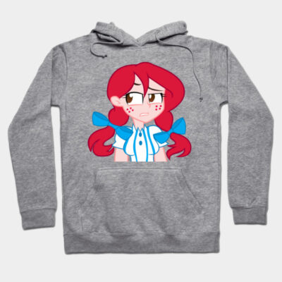 Gray hoodie with cartoon character print, featuring red hair and blue accents, cozy casual wear, cotton blend fabric.