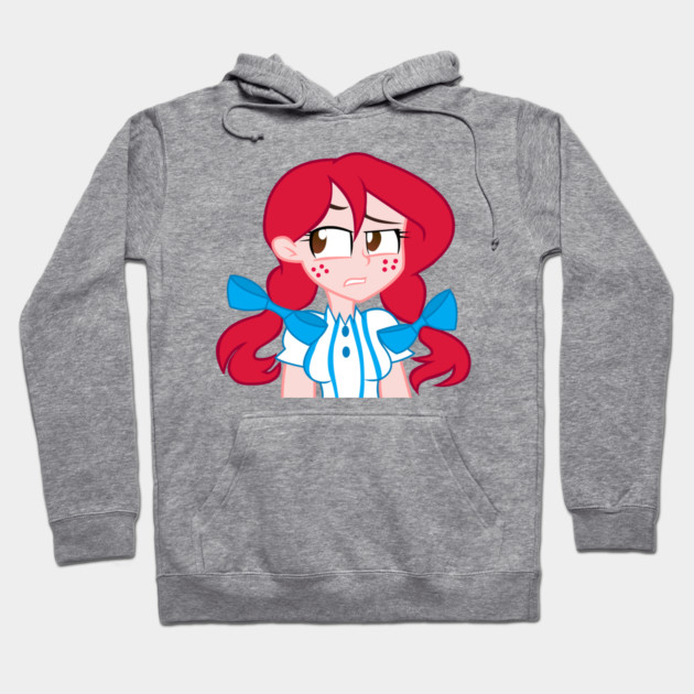 Gray hoodie with cartoon character print, featuring red hair and blue accents, cozy casual wear, cotton blend fabric.