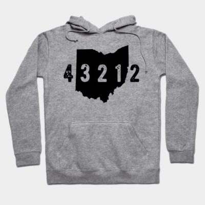 Gray hoodie with black graphic of Ohio state and "43212" text, featuring drawstring hood and front pocket.