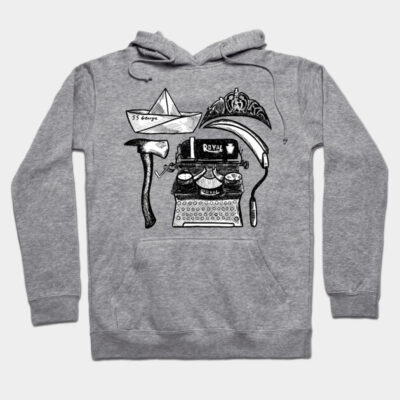 Gray hoodie with vintage typewriter graphic design, cotton material, casual style, perfect for everyday wear.