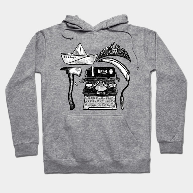 Gray hoodie with vintage typewriter graphic design, cotton material, casual style, perfect for everyday wear.