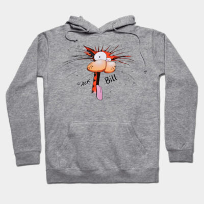 Gray cartoon-themed hoodie with front pocket, featuring a colorful graphic of a quirky character and playful text.