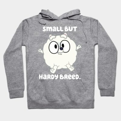 Gray hoodie with cute dog cartoon and "Small But Hardy Breed" text, perfect for casual wear, cotton blend material.