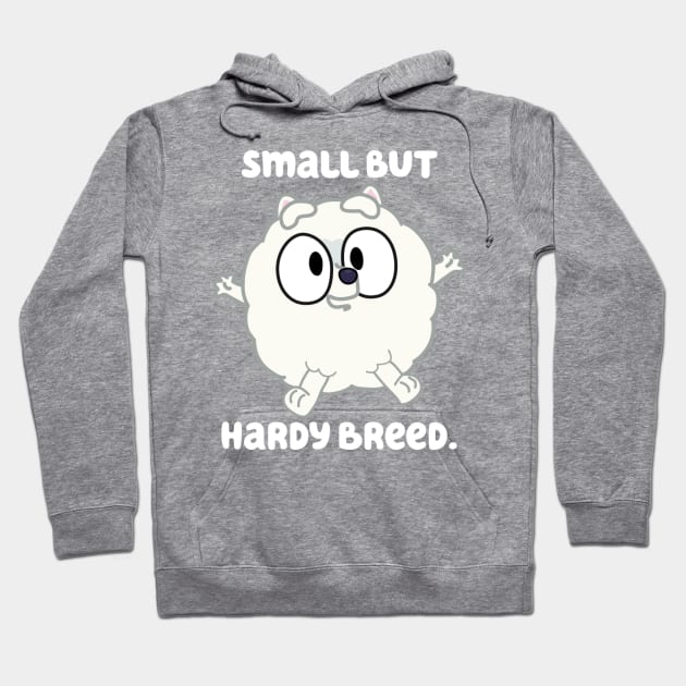 Gray hoodie with cute dog cartoon and "Small But Hardy Breed" text, perfect for casual wear, cotton blend material.