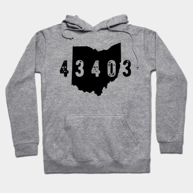 Gray hoodie with black Ohio map and numbers design, featuring front pocket and drawstrings, casual wear, cotton blend.