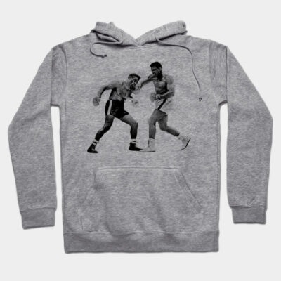 Gray cotton hoodie with vintage boxing print, casual style, comfortable for everyday wear.