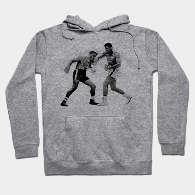 Gray cotton hoodie with vintage boxing print, casual style, comfortable for everyday wear.