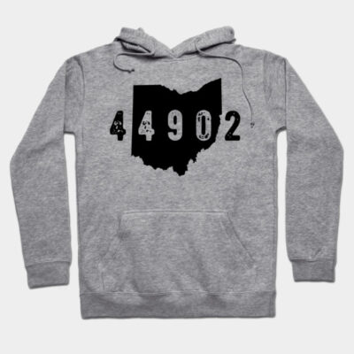 Gray hoodie with Ohio map design and number 44902, casual style, soft fabric, ideal for everyday wear.