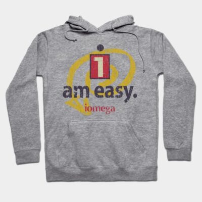 Gray hoodie with "I am easy" graphic, featuring a front pocket and adjustable drawstring, perfect for casual wear.