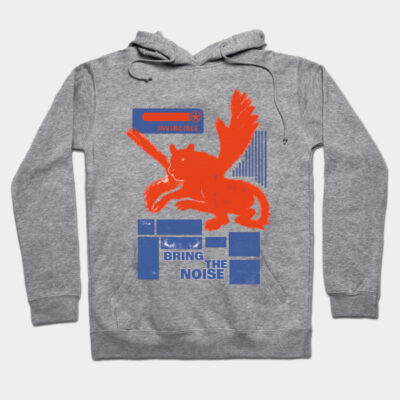Gray hoodie with red and blue graphic design, featuring "Bring the Noise" text, casual wear, comfortable material.