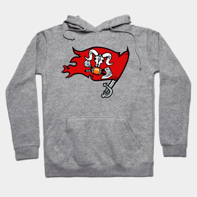 Gray hoodie with red graphic design featuring a skull and tools, made of soft cotton, perfect for casual wear.