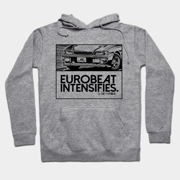 Gray hoodie with "Eurobeat Intensifies" design, featuring a car graphic. Casual style, soft material, unisex apparel.